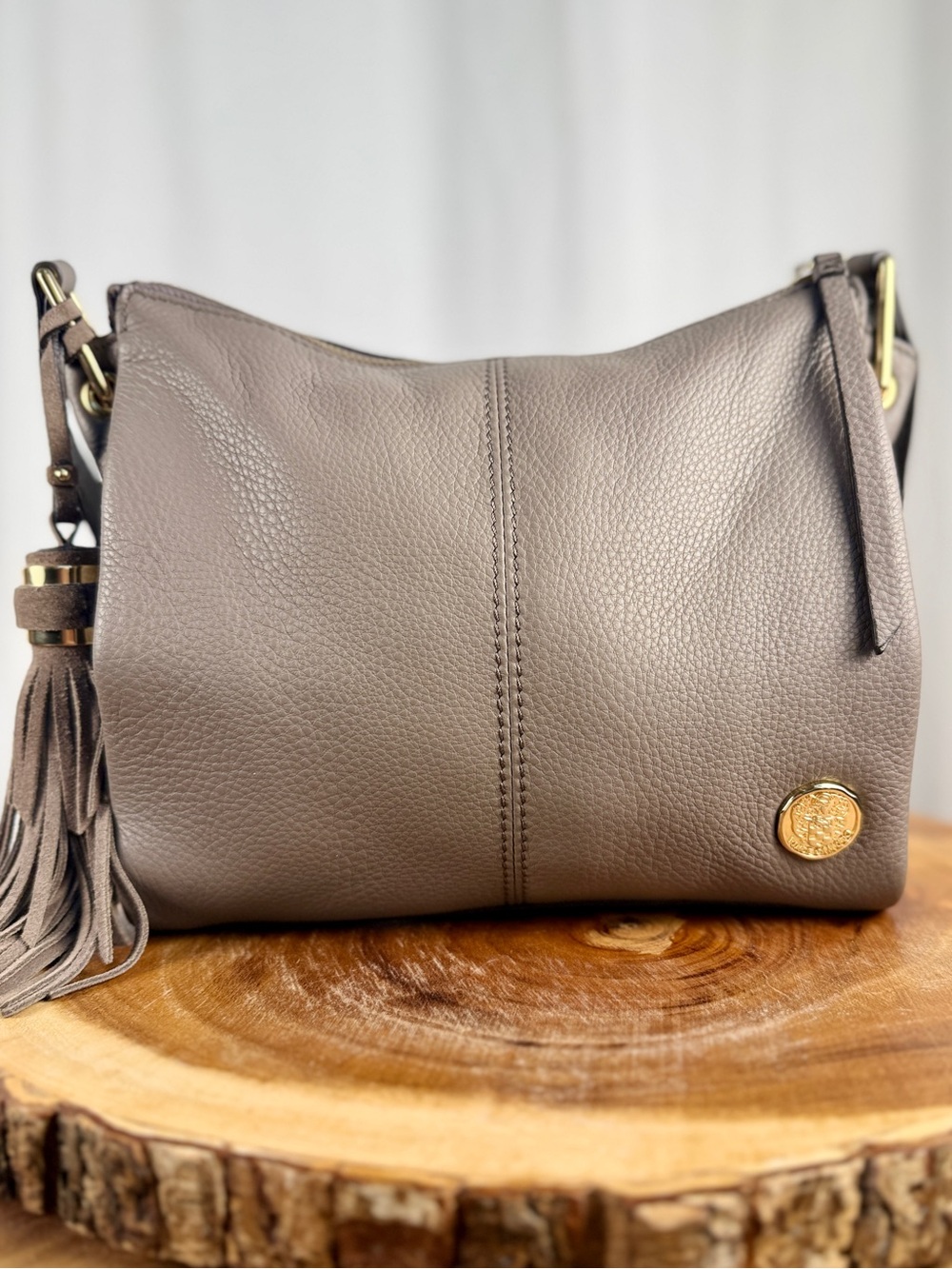 Vince Camuto Gray Pebbled Leather Crossbody Bag with Tassel & Gold HW EUC - Picture 3 of 13